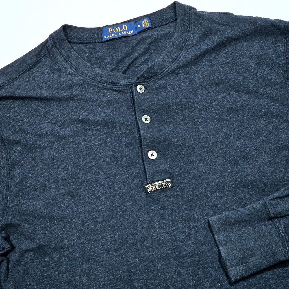 Polo Ralph Lauren Henley Mens M Navy Blue Heathered Long Sleeve Classic Preppy